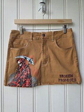 Broken Promises Wheelbarrow Brown Mini Skirt Skull Gream Reaper Size 6